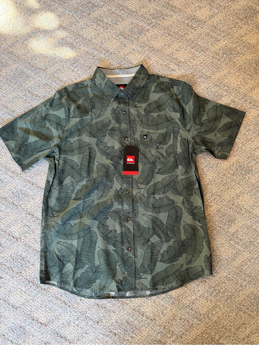 Quiksilver Green Olive Leaf-Print Short Sleeve Button-Down Shirt